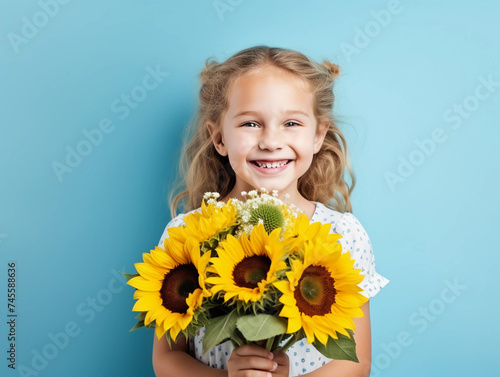 Cute blonde little girl in white dress hold sunflowers bouquet isolated on blue background with copy space. Florist minimal concept, spring gift, greeting card, children spring event. 