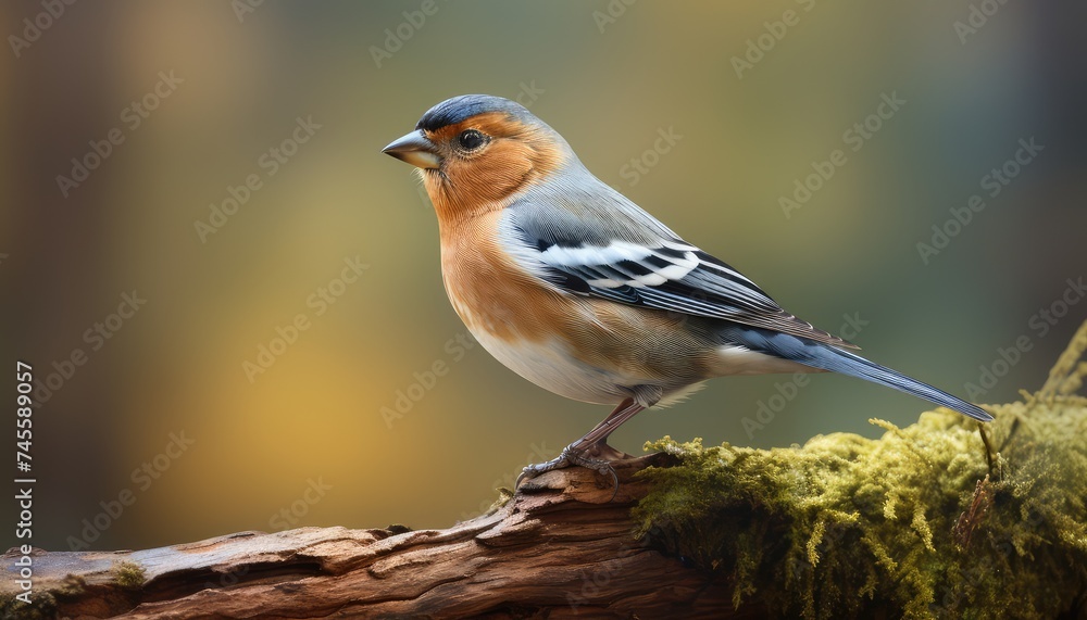 Fototapeta premium Male Chaffinch, Fringilla coelebs, perched on a tree stump