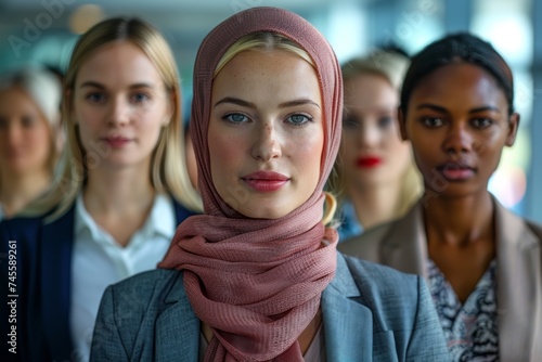 A diverse team of businesswomen with focus on a woman in a hijab, representing inclusivity and professionalism in the workplace. © Tonton54