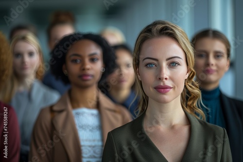 A visionary female leader stands at the forefront, with her diverse group of female colleagues in soft focus behind her.