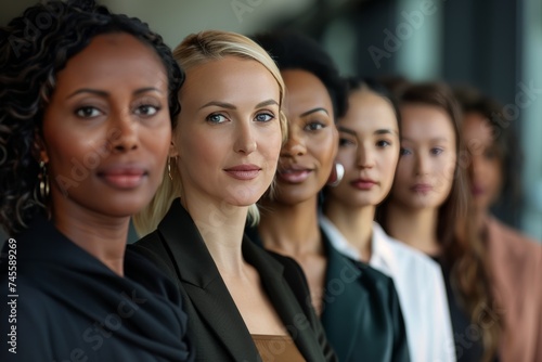 A powerful lineup of multicultural female leaders, with a blonde woman at the forefront, representing global business diversity.