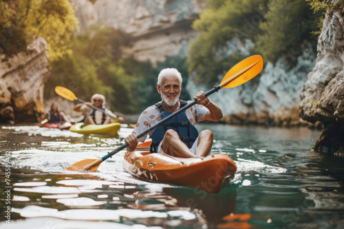 Joyful Senior Man Kayaking on Serene River.