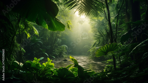 Dreamy tropical landscape, banner with greenery and copy space for your text
