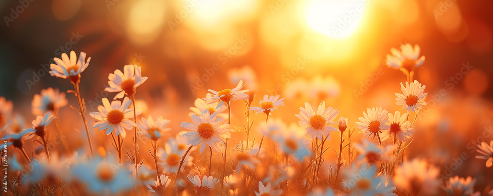 field of blooming daisies at sunset, nature background, beautiful lighting field of blooming daisies at sunset, nature background, beautiful lighting