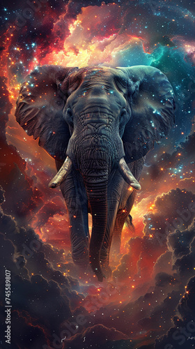 An elephant with cosmic tusks, walking through a starfield, shrouded in mystery