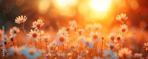 field of blooming daisies at sunset, nature background, beautiful lighting