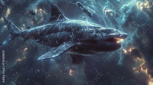 Biomech shark swimming through space debris, its eyes a deep, dark void © Pungu x