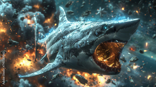 Biomech shark swimming through space debris, its eyes a deep, dark void photo