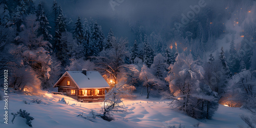 House in the snow with a mountain in the background