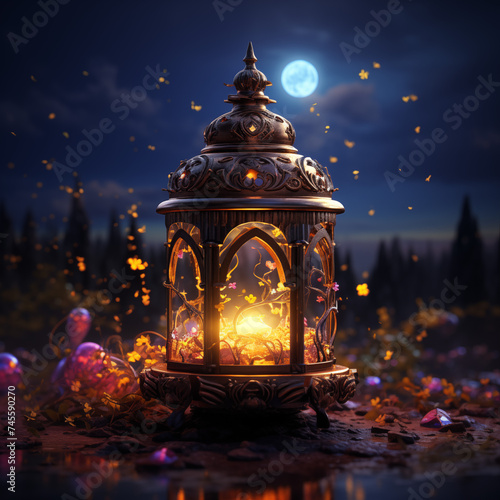 Ornamental Arabic lantern with burning candle. Festive greeting card, invitation for Muslim holy month Ramadan Kareem. Dark background.