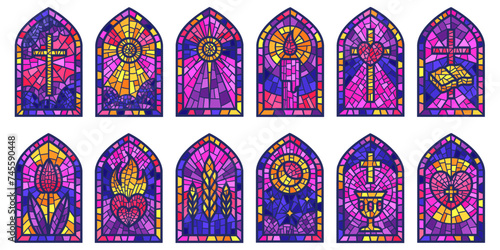 Church glass windows. Stained mosaic catholic frames with cross, book and religious symbols. Vector set isolated on white background