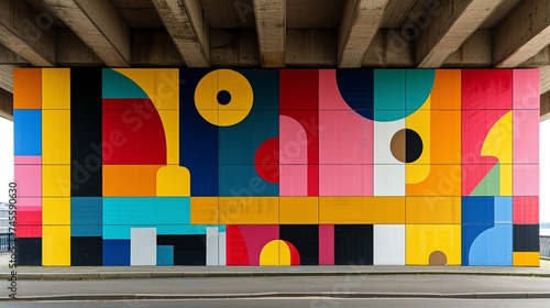Large-Scale Geometric Mural Under Bridge Featuring Bold Colors