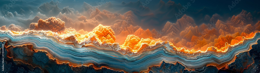 Majestic Mountain Range in Vibrant Orange and Blue - obrazy, fototapety, plakaty 