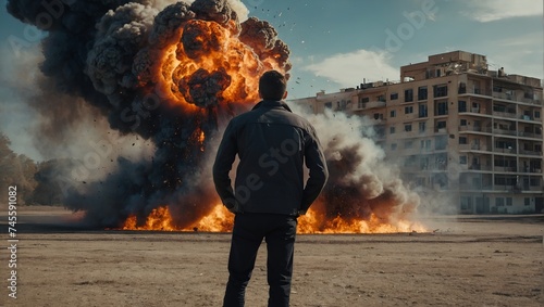 person from behind in front of an explosion