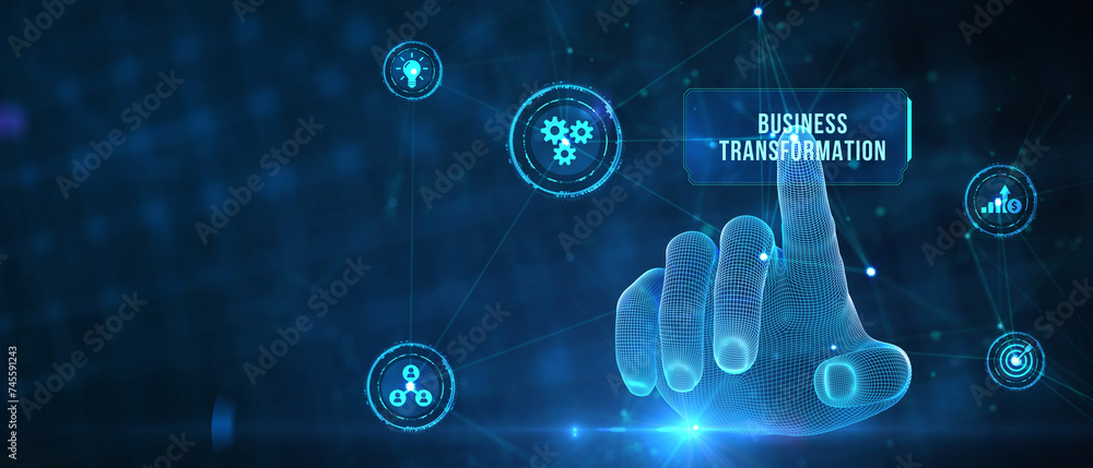 Business, technology, internet and network concept. Virtual screen of the future and sees the inscription: Business transformation. 3d illustration