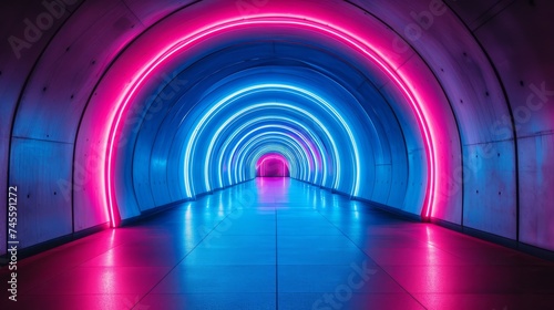 Vibrant Neon Light Tunnel in Pink and Blue, Abstract Futuristic Design