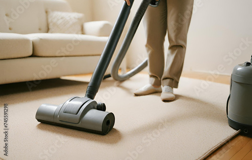 A man cleaning carpet with vacume cleaner