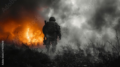 Battle of the military in the war. Military troops in the smoke. photo