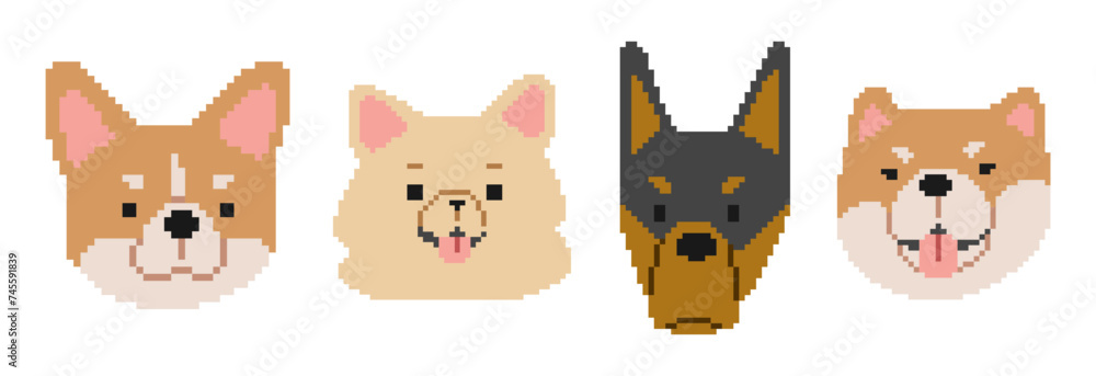 Fototapeta premium Dog Heads Pixel 3 cute on a white background, vector illustration. 