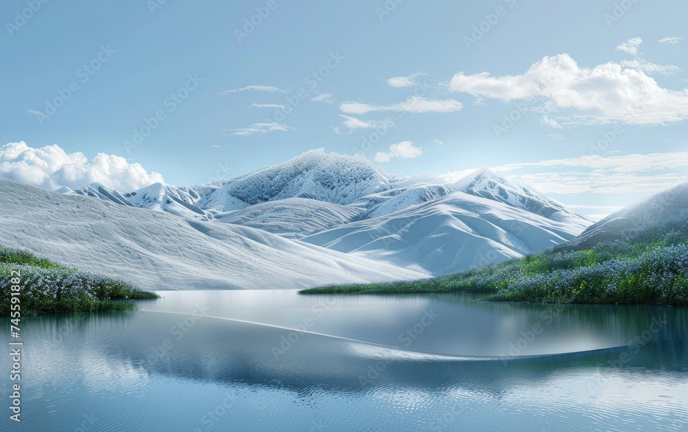 A magical panorama landscape with a lake in the mountains 