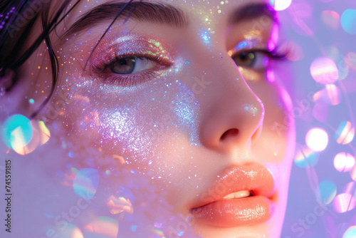 Enchanting Close-Up Portrait of Woman with Glitter Makeup and Bokeh Lights