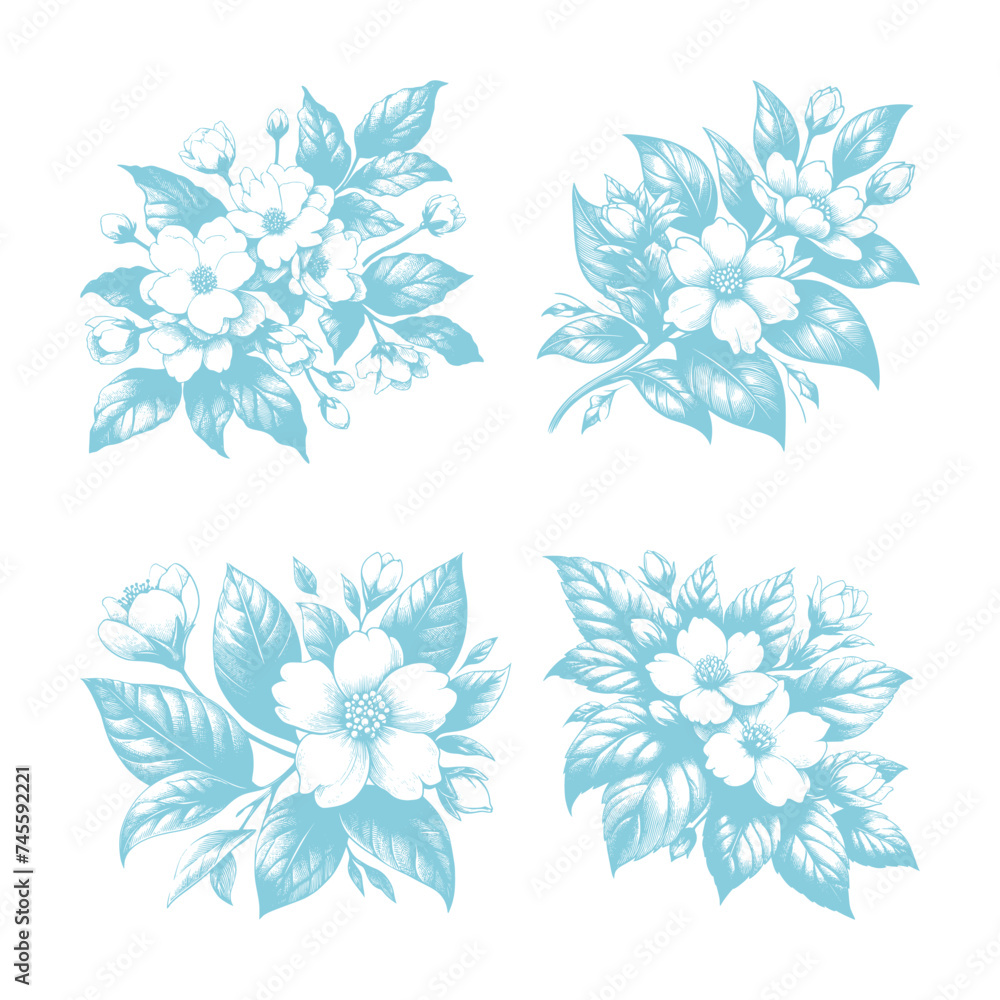 vector set of jasmine flower line art style - blue (artwork 2) vector set of jasmine flower line art style - blue (artwork 2)