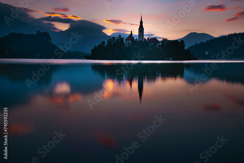 Amazing View On Bled Lake  Island Church And Castle With Mountain Range