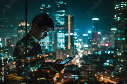 Double exposure of business and a city - Asian businessman using a digital tablet superimposed on a city skyline
