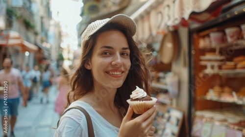 A young woman  eyes sparkling with delight  savors a delectable cupcake.