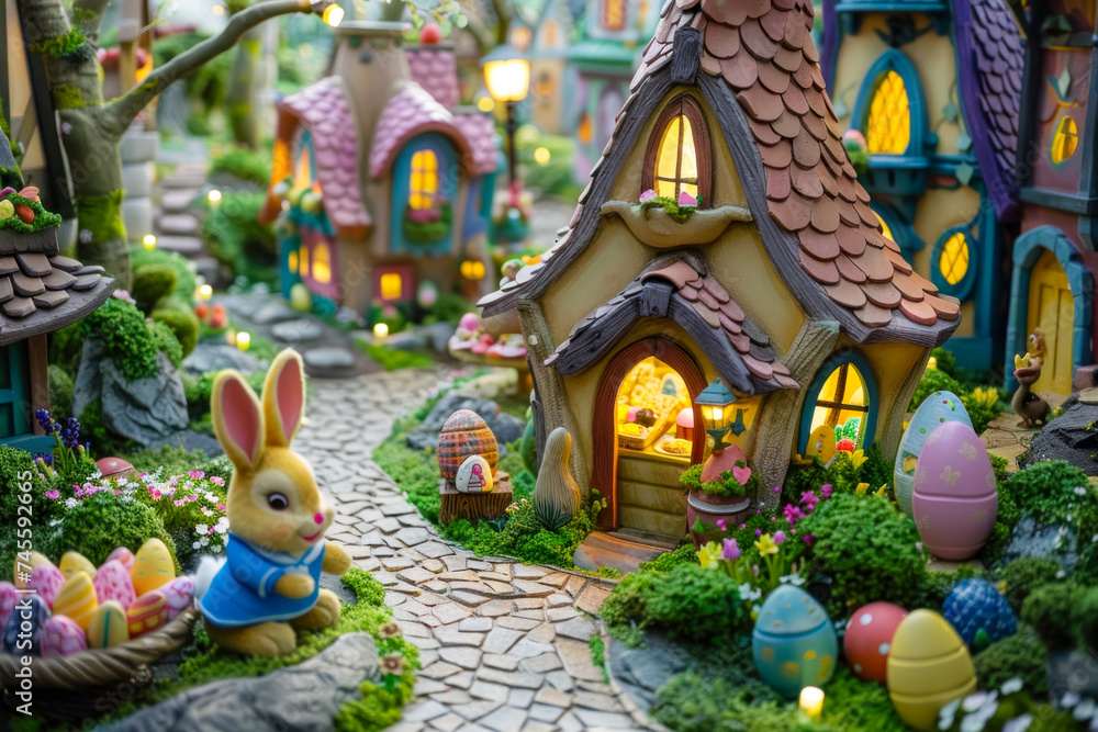 Enchanting Miniature Fairy Village with Easter Bunny and Colorful Eggs