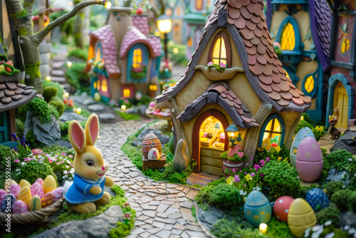 Enchanting Miniature Fairy Village with Easter Bunny and Colorful Eggs © KirKam