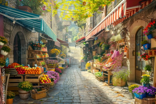 Picturesque Cobblestone Alley in European Town with Flower Shops and Morning Sunlight