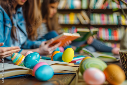 Easter Study Session with Colorful Eggs Amongst Students in Library
