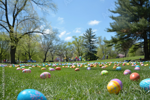 Outdoor Easter Egg Hunt in Lush Park on a Sunny Spring Day photo