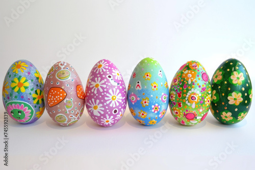 Vibrant Hand-Painted Easter Eggs Lined Up Against a White Background