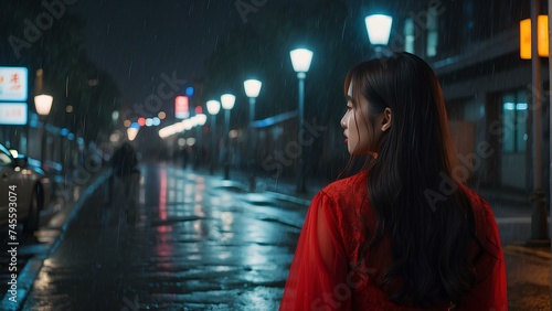 Japanese Girl in Rain at Night with Moody Lighting, Cinematic and Tyndall Effect