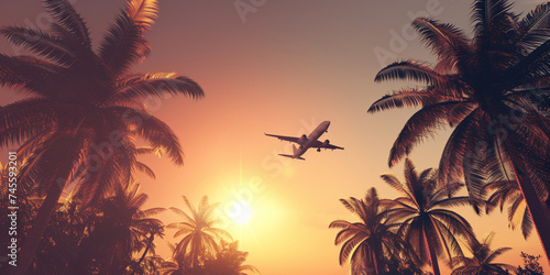 Airplane flying above exotic palm trees in sunset sunrise sky with sun rays. Concept of travelling vacation holidays and travel by air transport