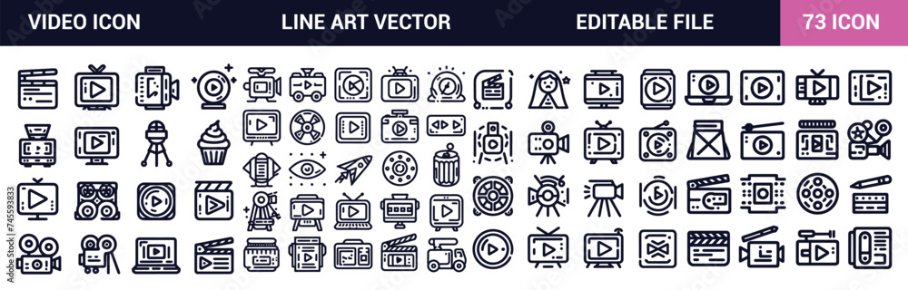 Video icon set vector Line art. editable stroke Contains a camera, play, pause, media, online video, live, production, and player. Video icon set vector Line art. editable stroke Contains a camera, play, pause, media, online video, live, production, and player.