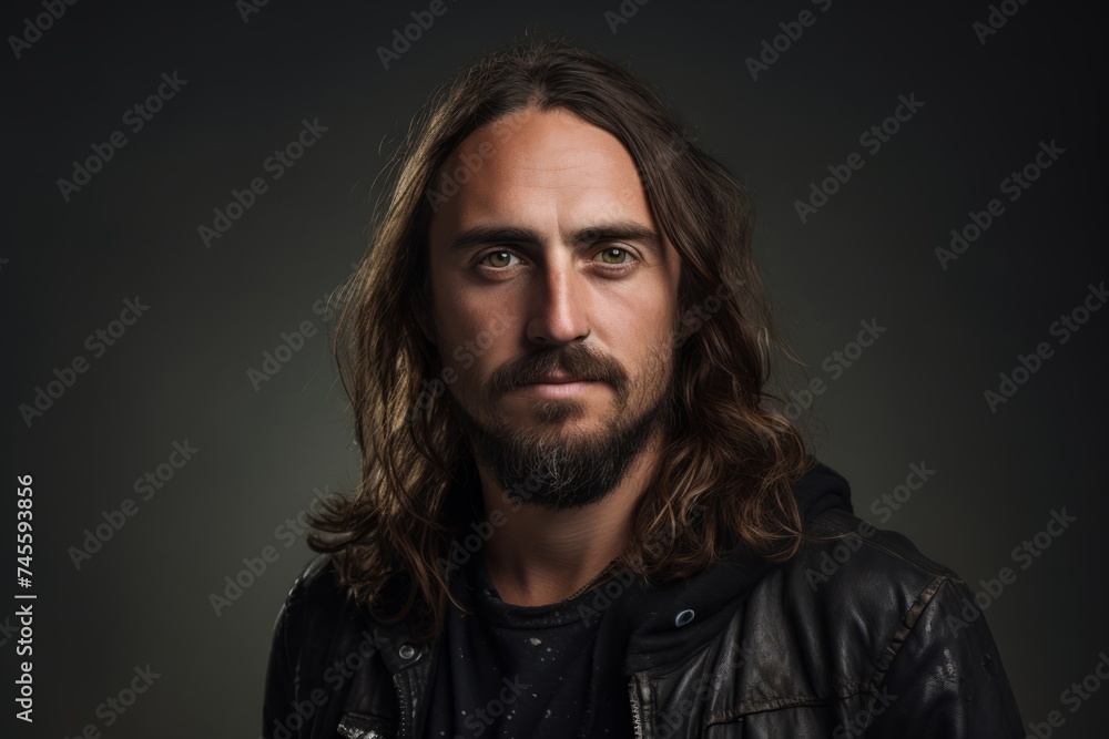 Portrait of handsome young man with long hair and beard in leather jacket. Portrait of handsome young man with long hair and beard in leather jacket.