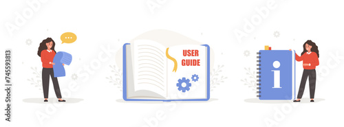 User manual concept. Female characters with guide instructions. Women reading user agreement, terms and conditions. FAQ or customer support. Set of vector illustrations in flat cartoon style.