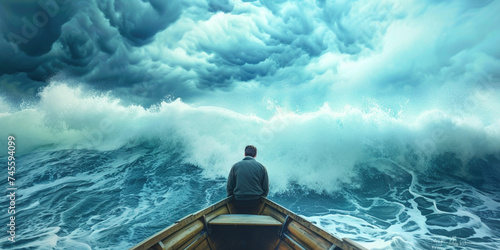 Man sitting in boat in open ocean meets huge crashing breaking wave. Natural disaster, accepting problem and solving it concept. Inevitable situation photo