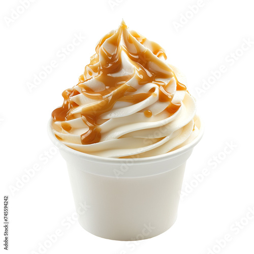 front view of caramel apple pie soft serve ice cream in a white gelato cup isolated on a white transparent background