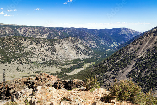 Panoramic View of the mountains, canyon, and evergreen forest summer landscape of Custer National Forest in the northern Rocky Mountains of Montana, USA, photo