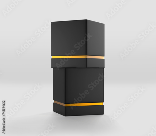 black rectangular box on gray background, dark candle box, Mockup, isolated, 3d illustration