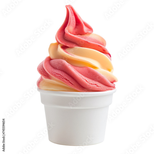front view of guava passion fruit swirl soft serve ice cream in a white gelato cup isolated on a white transparent background