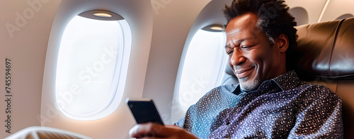 African American Adult Traveling On Plane Checking His Mobile Phone