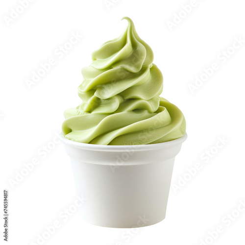 front view of honeydew melon sorbet soft serve ice cream in a white gelato cup isolated on a white transparent background