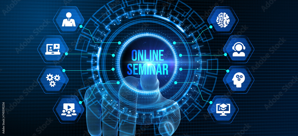 Obraz premium Business, Technology, Internet and network concept. Webinar e-learning. Training concept. 3d illustration