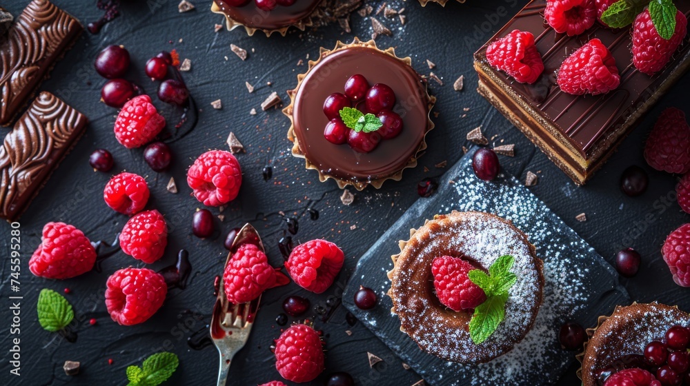 An assortment of elegant chocolate desserts beautifully presented with fresh raspberries and powdered sugar.