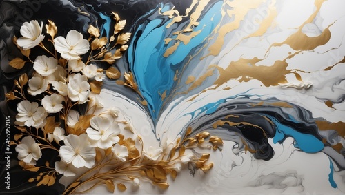 Grayscale Marble Waves with Gold and Blu Accents Background with flowers - Opulent, Abstract Style with Copy Space; Suitable for Premium Business Communications, Luxury Banners